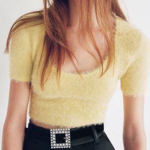 Zara yellow fuzzy cropped short sleeve sweater